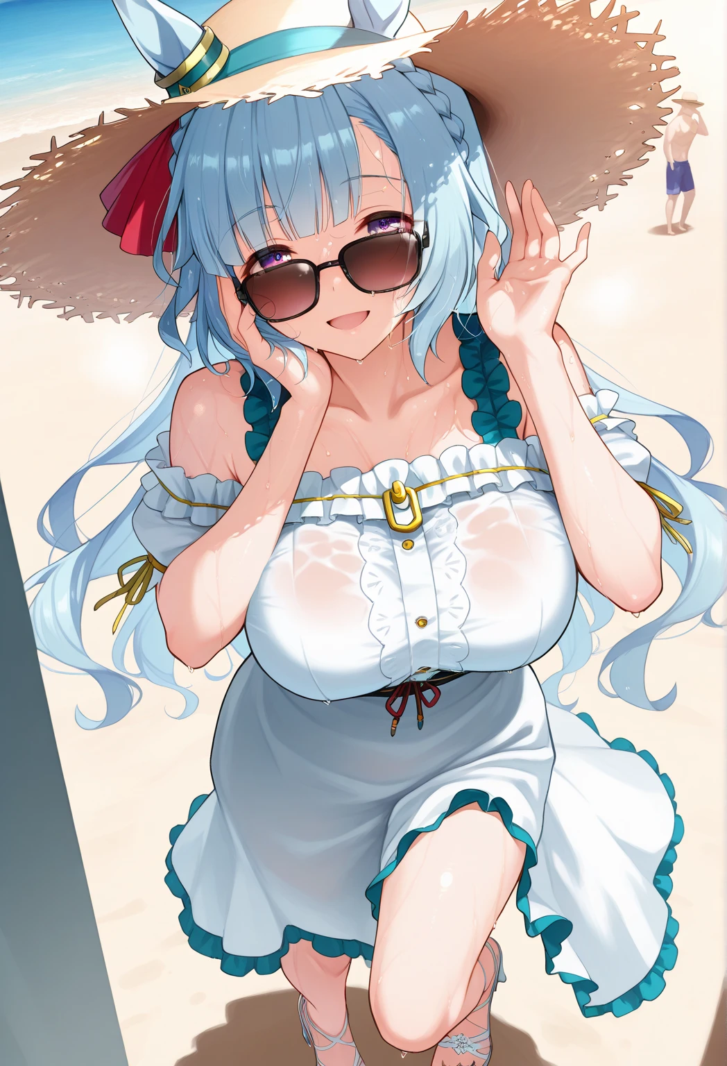 yowayowa, purple eyes, blue hair, ahoge, long hair, bangs, hair between eyes, (cross hair ornament:1.2), x hair ornament, sundress, straw hat, <lora:yowayowa_lora_ver3:0.7>
cowboy shot, large breasts, field, smile,, best quality, masterpiece, highres, <lora:GoodHands-vanilla:1>