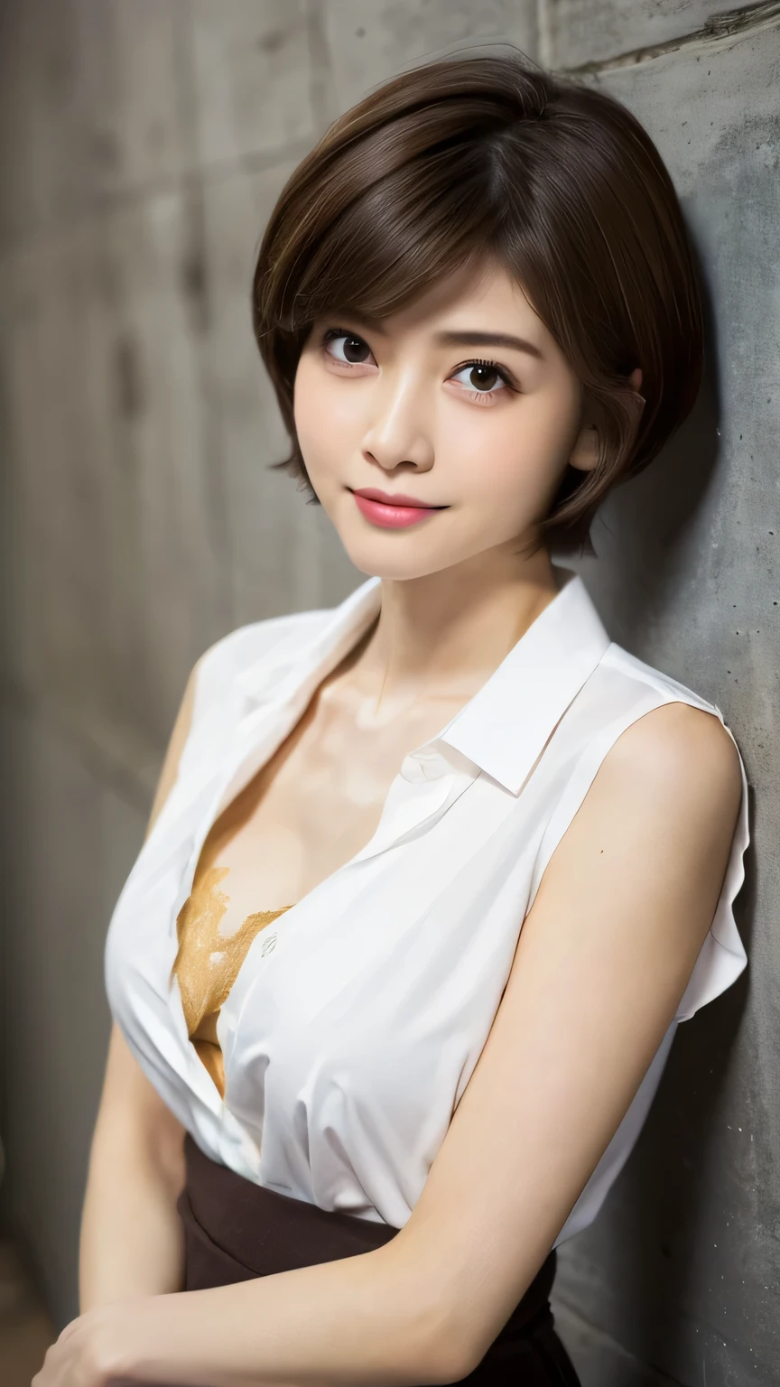 ((best quality, photorealistic, 8k, high res)), 1lady, (skindentation), (professional lighting), (close up:1.55), (short hair:1), (big breasts), ((looking at the viewer)), perfect proportion, (bokeh), muscular, ((Very detailed skin texture)), ((wearing silk white shirt)), standing Pose, (smile:1), indoor,