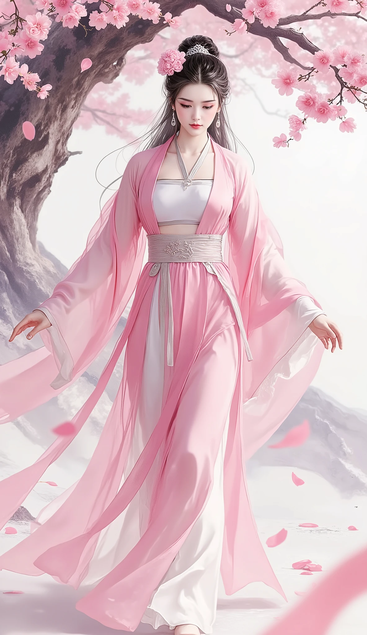 masterpiece, best quality, high detail, cinematic lighting, gufeng style, A breathtakingly beautiful young Chinese woman, an ethereal beauty with an elegant face, perfect facial features, flawless smooth skin and luminous clear eyes. She has medium-length black hair with a single white streak in her long, side-swept bangs, adorned with a delicate flower-shaped hairpin. Dressed in an exquisite two-piece Chinese fantasy wuxia style silk costume, a light pink shawl, a light-colored silk belt, and a flowing long skirt. She is walking gracefully under a blooming plum blossom tree, with dreamy, swirling petals dancing in the air around her. a mature and exquisite character illustration, fantasy art, dynamic composition, perfect anatomy, perfect hands, five fingers.