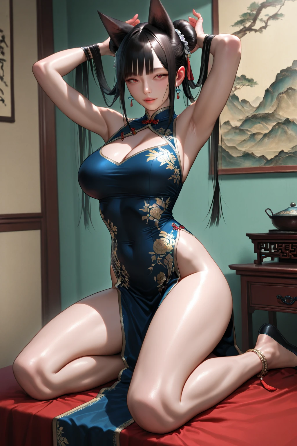 Masterpiece, Score_9, score_8_up, 8k, ultra-detailed, Ultra-high resolution, high-quality, yushuxin, donghua girl, 1girl, cute, perfect anatomy, black hair, bangs, black eyes, crown, arm bracelets, chinese dress, sleeveless dress, arms up, tying hair, sexy, medium breasts, no panties