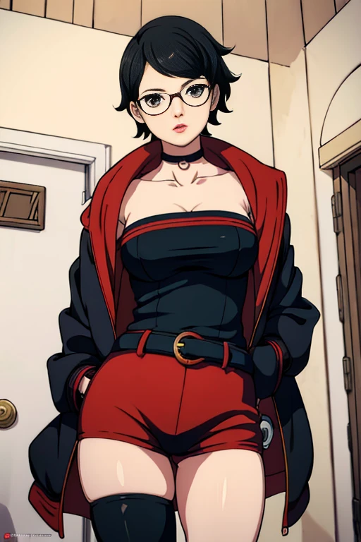 1girl,ascot,bare legs,black eyes,black hair,blue gloves,brown panties,crotch seam,dress,fingerless gloves,from below,glasses,gloves,minidress,miniskirt,panties,red dress,skirt,underwear,upskirt,white background,yellow ascot