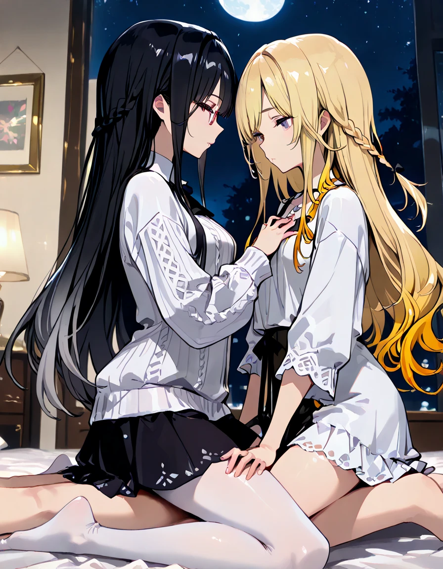 Two Women,Alpha ,Long blonde,gamma,Long Black Hair,((Touching the chest)), ((underwear))),Big Breasts, kiss, (adult), (Elf)
 ((My crotch is wet)),Love Hotel,My crotch is wet,Are standing,(masterpiece:1.2), High resolution, Highest quality, 8k,