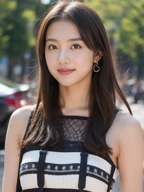 Ultra-high resolution, Superior Quality, highest quality, Very detailed, Realistic, 8k, RAW Photos, highest quality, masterpiece, Attractive girl, Awesome girl, Black Hair、Wavy Hair、 Shoulder-length layers, Mesh Hair, Japanese Idols, Ear piercing、stylish, blouse,smile、Beautiful teeth alignment、
