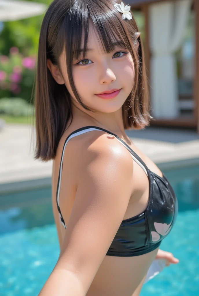 ((Poolに立つ2人の女の子)), White skin, ((Dark brown short tiered hair)), V cut with layers and bangs, Brown eyes, Soft atmosphere characteristics (Highest quality, Ultra-high resolution, 8K, RAW Photos, Ultra-high resolution: 1.2, masterpiece: 1.3), (Realistic, Realistic: 1.37), Very detailed, Professional Lighting, Photon Mapping, Radio City, Physically Based Rendering, One Girl, (high school girl), Sharp focus:1.2、Beautiful woman:1.4,cute, Nice, Adorable, smile, Normal chest, necklace、(Cleavage)、Earrings、Belly button、Pink and black gothic bikini、Swimwear、Pool、Gothic Lolita Bikini、Selfie