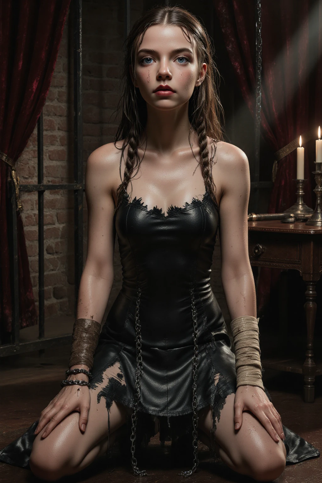 chained girl- dungeon- revealing torn dress- little cloth- perfect body- beautiful- sexy dark image- toned legs muscles- ropes on the body- long curly hair- suffering look- dirt- dirty skin- suffering look- bruises on the body- blood