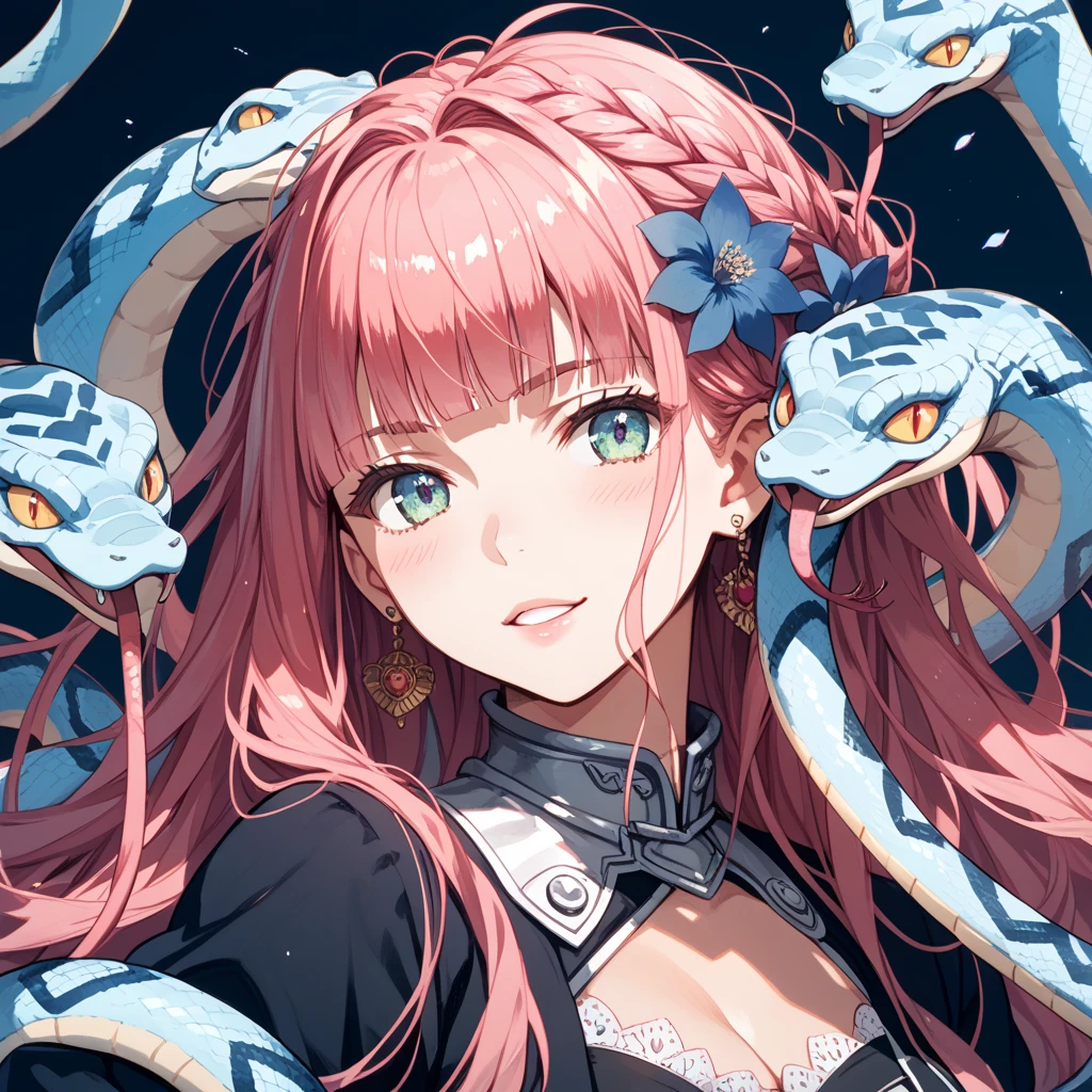 Medusa, hair composed of pink snakes, reddish white eyes, ultra-detailed sea surface, skulls in the reflection of her eyes, background of white stone statues of muscular and mature men, expression of anger and hatred, symbol of the feminine in the center, well-structured female body, golden jewels all over her body