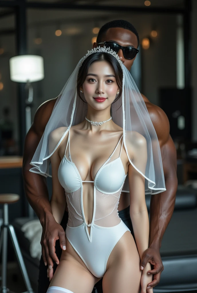 { 1girl, 2 healthy black men standing on her front and back, ((threesome standing sex, seen from front side)), ((pouting ass, lean forward on a man's crotch, look up the man)), ((another man standing behind the girl, pushing crotch to the girl's back)), (sqeeze breasts) }, { (masterpiece), (absurd resolution), (best quality:1.2), (photo realistic:1.6), (Luminous lighting:1.4), (Chiaroscuro:0) }, { (blushed face:1.3),(excited,laughing,ashamed,afraid),(sexually aroused:1.4),(eyes rolled up), (wet shiny skin), (slender body), huge breasts, perky nipples, ((blonde)) long wavy hair, windy }, { ((see-through)) bridal dress, ((deep cleavage)), bridal veil }