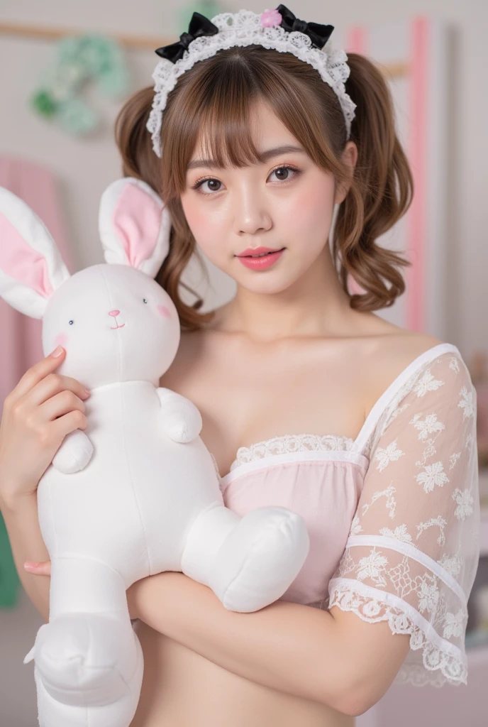 maid costume,adolable,In pink,flowy,softness,Sweet,tiny feet,voluminous hair,Bow knot,Rabbit ears,Cute face,Gentle eyes