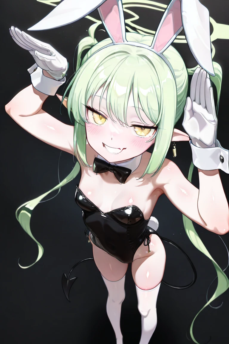 1 Girl, Green Goth Outfit, Green Jewelry, Green Threads, Green Ribbons, Medium Breasts, Green Eyes, Heart Eyes, Platinum White Hair, Twin Tail Hair Style, Pale White Skin, Smooth Skin, Face Freckles, Leather Straps on Thighs, Nice Cleavage, Slutty, Sexy, Sassy, Smirking, Tease, Teasing, Close Up, Upper Body Shot, Teasing, Sexy Pose
