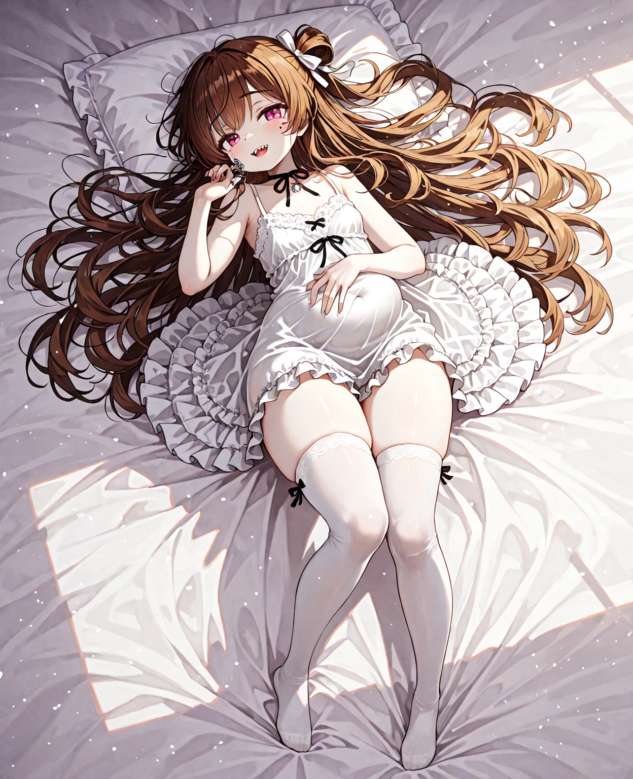 Lying in bed,whole body,Scandalous clothing,barefoot,Lace,White lingerie