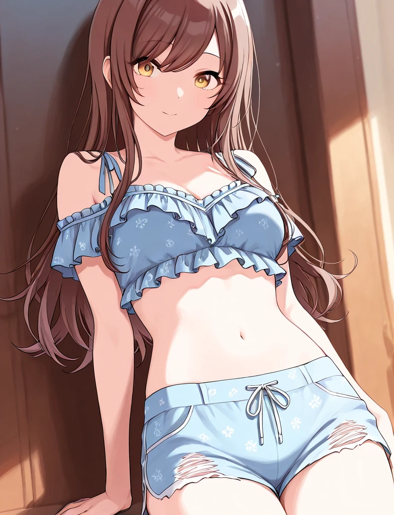 masterpiece, beautiful illustrations, highest quality, pretty girl, 1girl, Bedroom, pastel colour, (two-separated lingerie), cute lingerie, reddish brown long hair, headband, bright lighting, presenting, looking at viewer, on bed, embarrassed