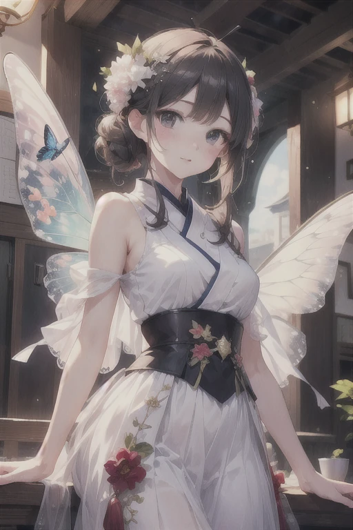 (black hair:1.2),(Odango Hair:1.3),(With bangs:1.25),(straight hair:1.1),(red eyes:1.4),(Eye size:1.5),(Accessories with flower motifs:1.3),(One piece made of smooth material:1.3),(sheer sleeve:1.35),(White corset:1.25),(asymmetric hem skirt:1.4),(fluffy pants 1.35),(gladiator shoes:1.25),(Background full of blooming flowers:1.5),(blush),(cute smile:1.3),(small breasts:1.6),(close up of face:1.25),(elf ears:1.2),(transparent wings like a fairy:1.4),(Night sky with extra large full moon:1.25),(Graceful dance:1.6),
