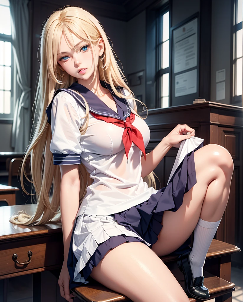 masterpiece,best quality,official art,extremely detailed CG unity 8k wallpaper,
1girl,mature female,solo,large breasts,long blonde hair,(grey eyes:0.6),
(undressing),school uniform,skirt lift,
sitting,spread legs,leg lift,
cowboy shot,classroom,chalkboard,