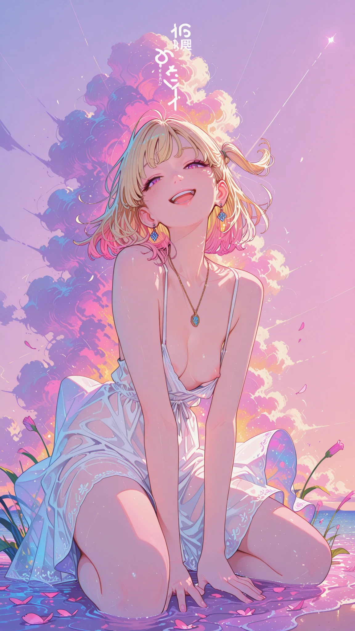 a beautiful nude 20 year old blonde woman with big messy hair holding a glowing mushroom, sitting on a giant glowing mushroom, fantasy art style, cartoon vibrant, cute detailed digital art, colorful digital fantasy art, digital fantasy art ), glossy digital painting, pastel vibrant