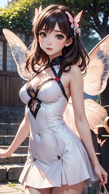 (masterpiece, best quality:1.2), <lora:bluereflection_shirai-11:0.8>, cowboy shot, solo, 1girl, shirai hinako, magical girl, expressionless, closed mouth, looking at viewer, SHIRAI HINAKO, heterochromia, blue eyes, white elbow gloves, wings, cleavage,