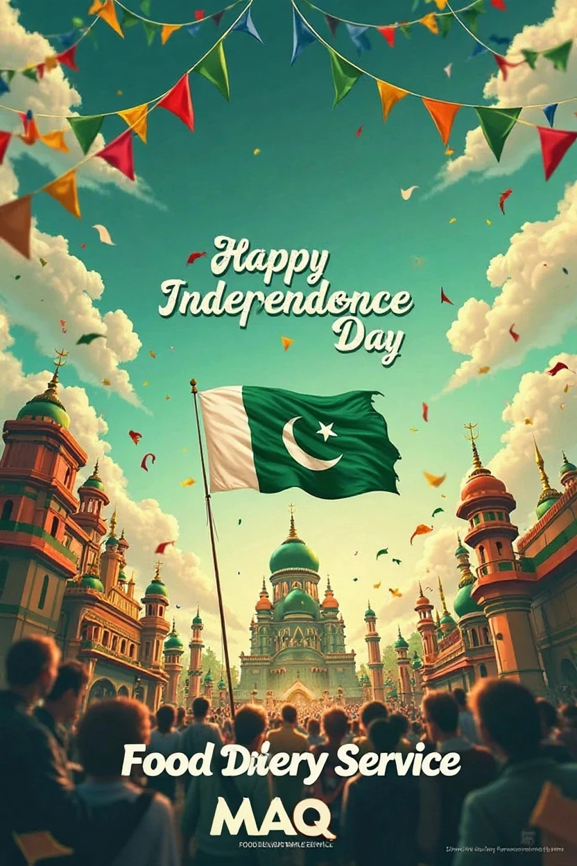 Generate a poster of happy independence day Pakistan. Use green and white color as major and 77 year old. In this poster show the history of Pakistan and how Pakistan was formed