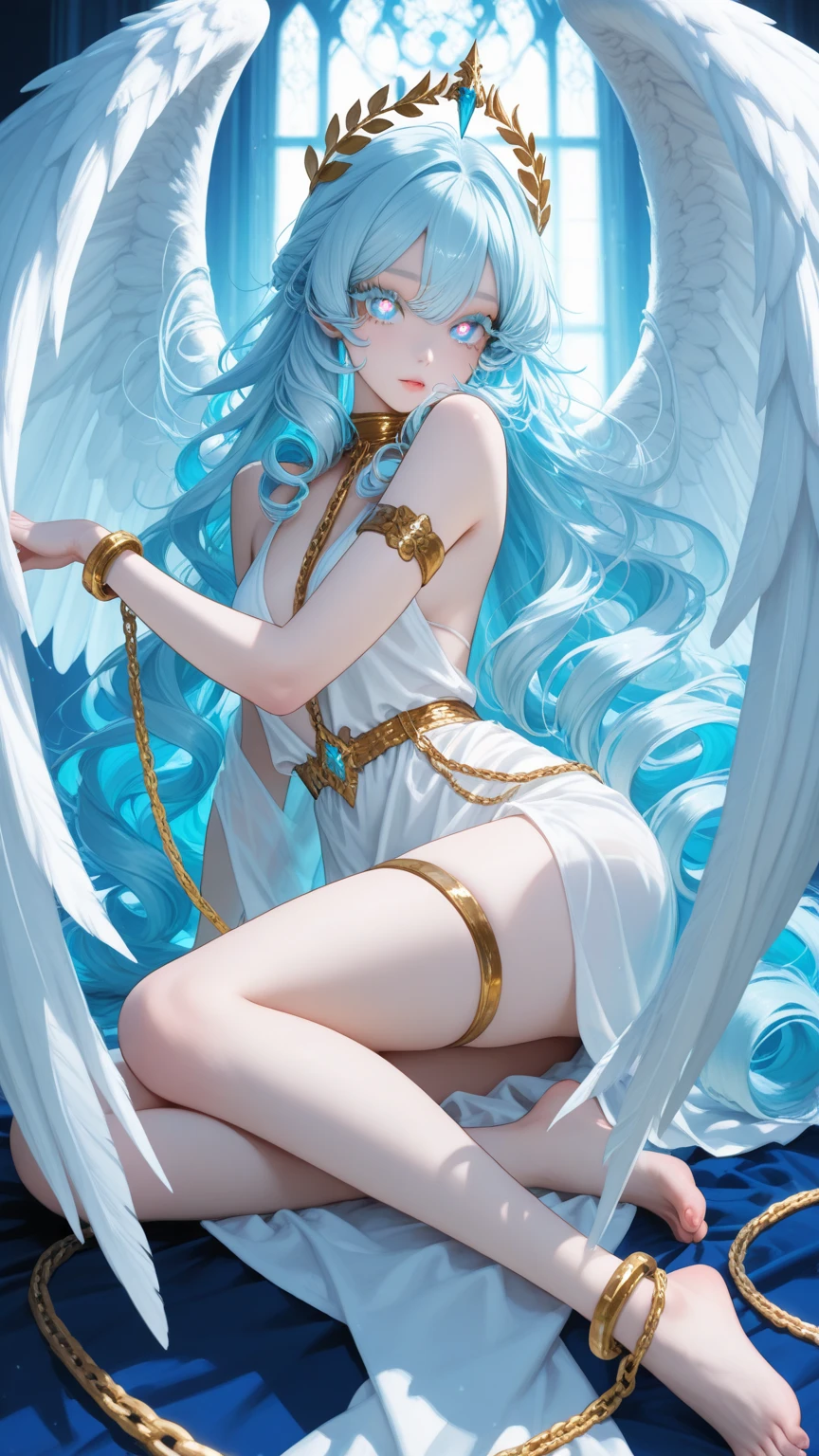 Best quality, masterpiece, ultra high res, raw photo, beautiful and aesthetic,deep shadow, dark theme,(ultra detailed:1.3),
1girl, sitting on bed, Headdress, hair ornament, full of curtain, drill hair, long hair, blonde hair, gradient hair, yellow eyes, solo, huge breasts, G-cup, big hair, blue hair, tiara, divine goddess, looking at viewer, royal palace, indoors, bedroom, astraea, full body, Angel
