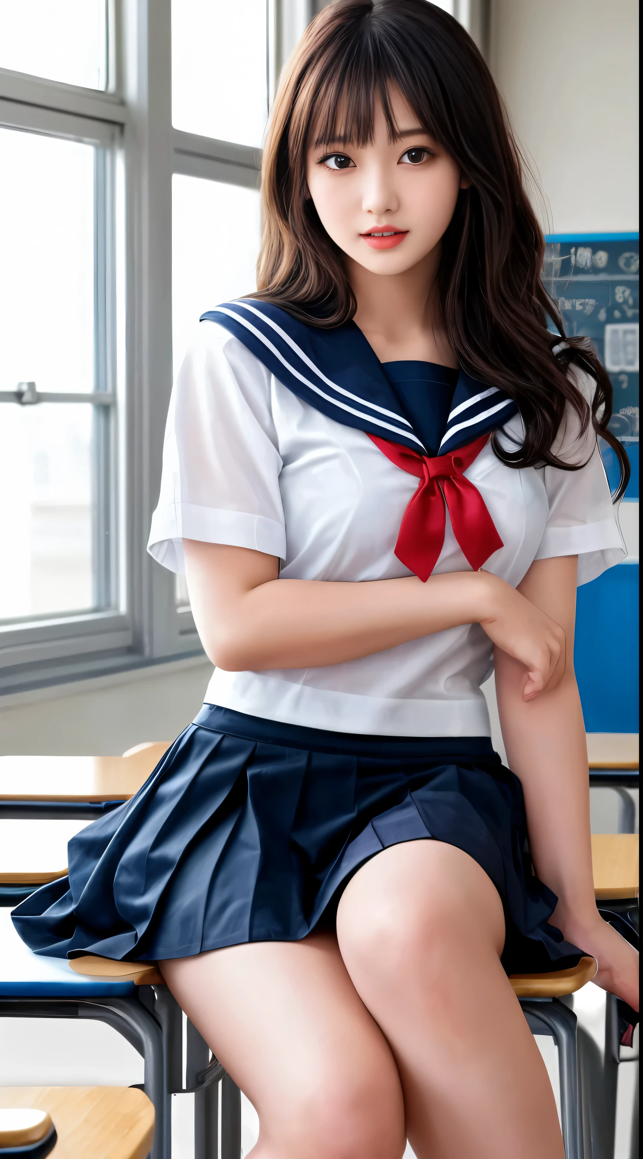 ((Breast enlargement)), (masterpiece, Highest quality:1.2), 8K, Young and beautiful girl, 85mm,Official AR RAW Photos, (Baby Face), ((Small face)), (((Super big breasts))),  Detailed nipples, Show me your ears、photo shoot, Cute face, Thighs, Classroom after school, Looking at the audience, Embarrassing、smile、No makeup, Film Grain, chromatic aberration, Sharp focus, Face Light, Bright lighting, 10 generations, Detailed face, Background blur、((((((14 year old high school girl))))))、Narrow waist, ((Sailor suit, Navy Pleated Skirt)), (White tiny panties), Sit with your hands on your knees, open your legs to the sides