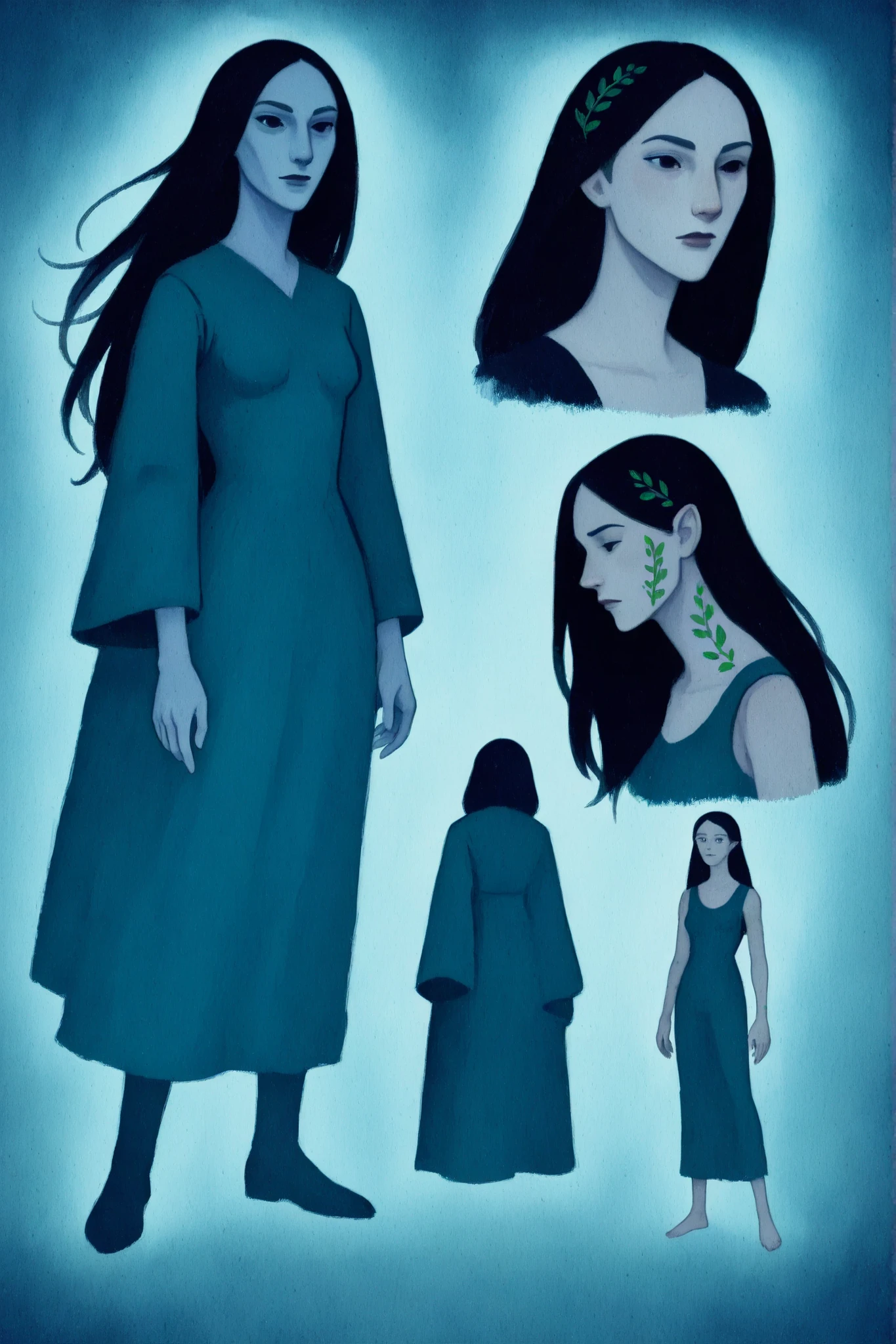 drki, close portrait, 1 menina, only, pale blue skinned character, cabelo preto, intricate leaf tattoos, roupa vermelha, ethereal atmosphere, surreal lighting , fantasy aesthetic, pictorial illustration , pintura a gouache, soft lighting illustration, Arte 2D, folhas, fundo abstrato, obra-prima, melhor qualidade