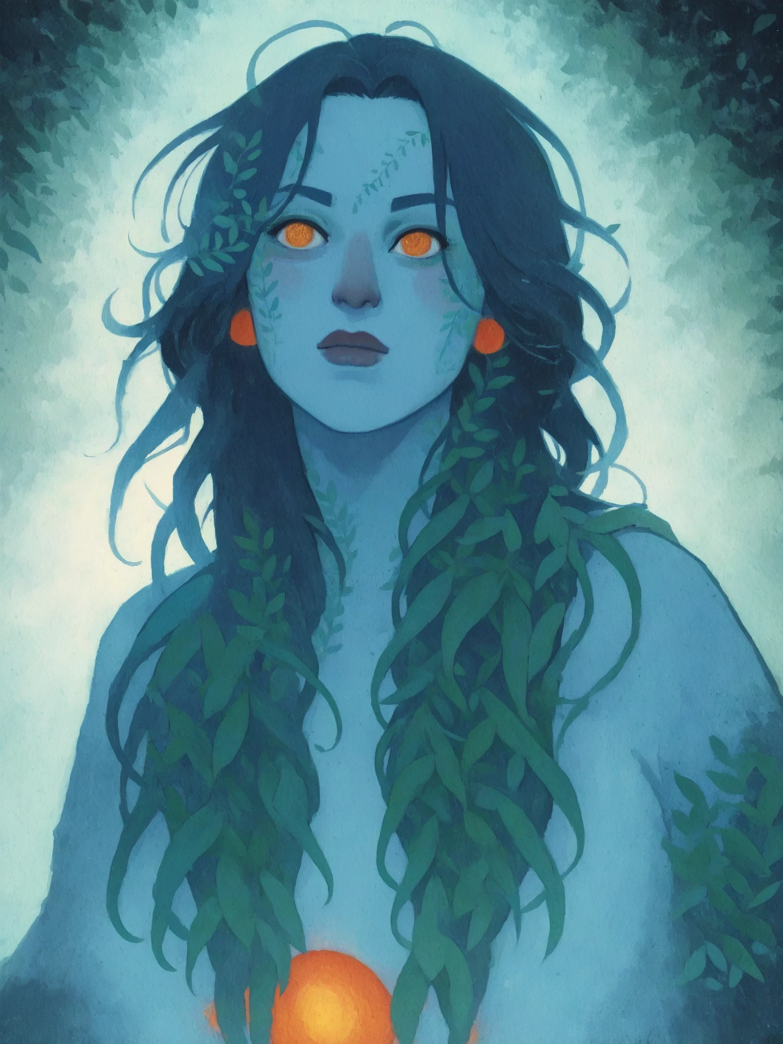 drki, close portrait, 1 menina, only, pale blue skinned character, cabelo preto, intricate leaf tattoos, roupa vermelha, ethereal atmosphere, surreal lighting , fantasy aesthetic, pictorial illustration , pintura a gouache, soft lighting illustration, Arte 2D, folhas, fundo abstrato, obra-prima, melhor qualidade