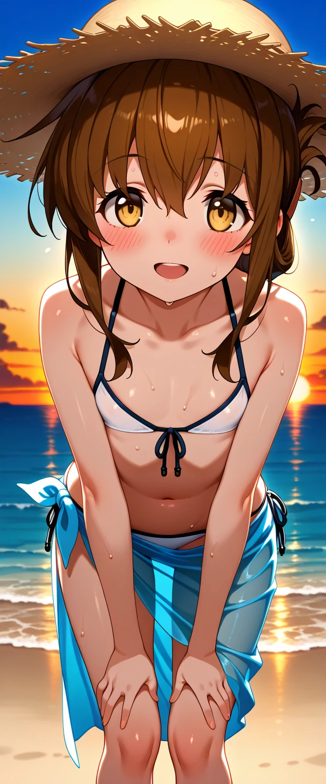 Anime, teenage girl, big breasts, Long hair light brown color, light brown eyes, blushing, smooth white skin, Looks very cute, Gentle and neat personality, Shy, Agasshi., Small and short, Pigtails-hair style, Sweet smile, Wearing Cute Bikini, Summer on the beach,