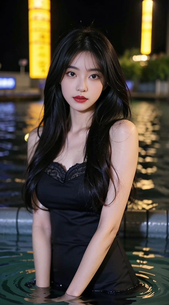 facing at camera，face to the viewer，standing on your feet，High picture quality，Works of masters，Kizi，Black hair，Long hair shawl，Long hair flowing over the shoulders，cropped shoulders，鎖骨，exquisite face，Hydrated red lips，Purple front buttoned lace trim sheer tulle butterfly dress，Hosiery，Expose calves，鎖骨，facing at camera，Single photo，Hosiery，A sad expression，Bust，Real Persono，swimmning，Stand in the water to expose your upper body（the sea），CG rendering，16k，looks into camera，The night view was beautiful，A sad parting，hyper HD，The details were perfect，The picture is real，Extreme picture quality，Highest accuracy，8K resolution，Shades of darkness，8K, Yes ,Ultra HD,8K