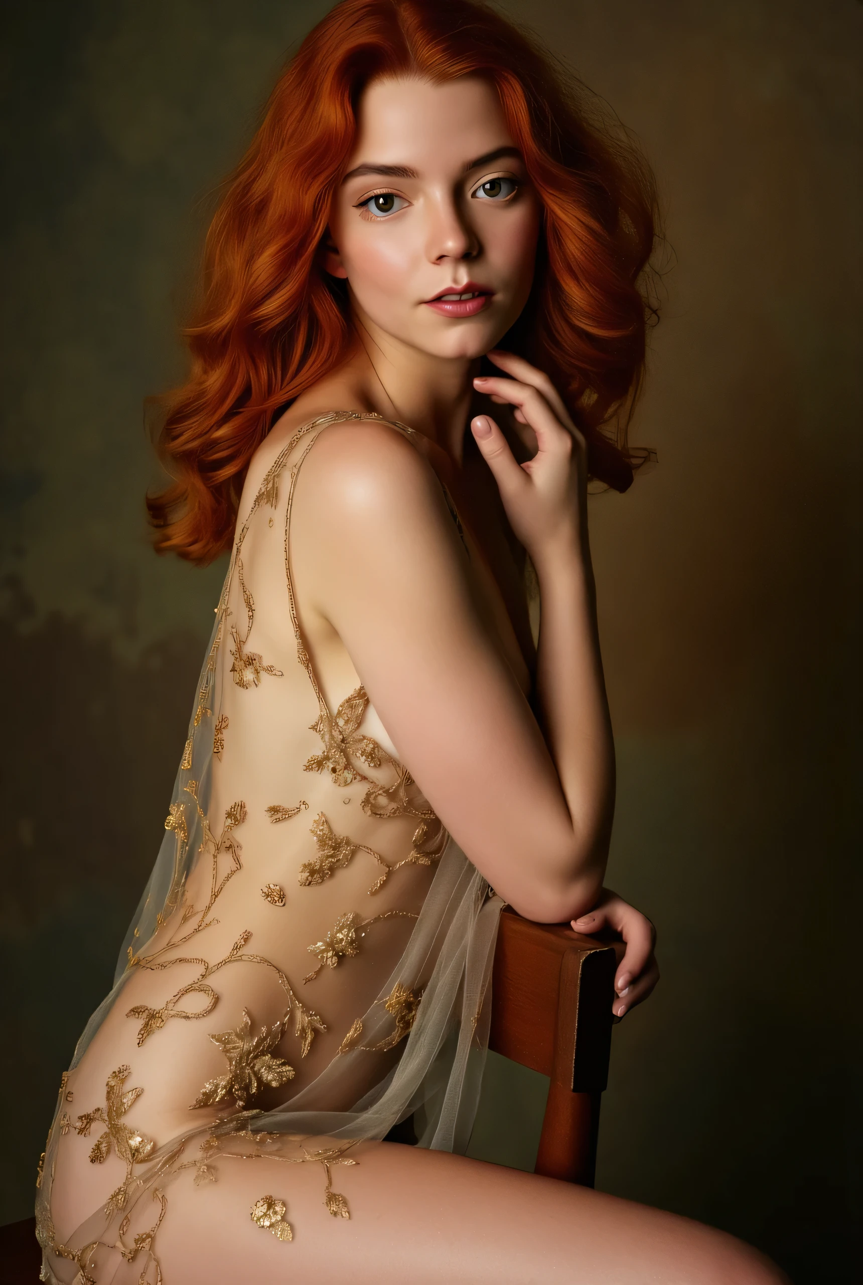 A girl with vibrant, curly red hair poses elegantly on a wooden chair, her body partially covered by a sheer, ethereal gown adorned with delicate floral embroidery. Her skin is luminous and soft, contrasting beautifully with the rich, warm tones of her hair. The gown, in shades of golden brown and cream, drapes gracefully over her shoulders and falls delicately over her body, hinting at both sophistication and sensuality. The lighting in the image is soft yet dramatic, casting gentle shadows that accentuate the curves of her figure and the texture of the fabric. The background is a muted, textured blend of earthy tones, adding a timeless, painterly quality to the scene. Her hand gracefully touches her neck, contributing to the overall grace and fluidity of her posture. The mood is intimate and serene, evoking a sense of classical beauty and artistic elegance. She looks at the viewer with a piercing gaze and a sensual expression on her face. natural light skin tone, detailed face, detailed skin texture, realistic skin with vellus hair, moody atmosphere, dark aesthetics, masterpiece, high quality, ultra-detailed, professional photography, hyperrealism, intricate details