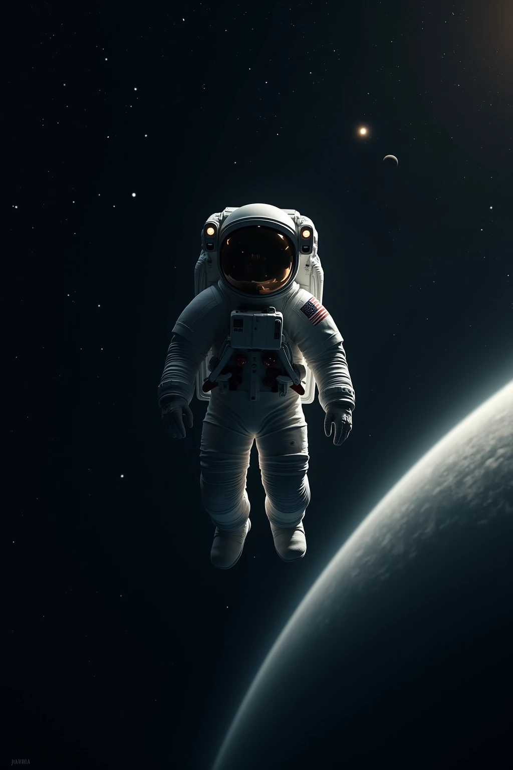 A lone astronaut drifting through a vast space, tied to a slowly rotating space. Stars and distant planets are vaguely visible, reflected from helmet glass. The scene evokes isolation and serenity, Depicted in cinematic sci-fi realism style. soft edge light, Deep black space gradients, Ultra-clear textures. masterpiece digital art, 4k+.