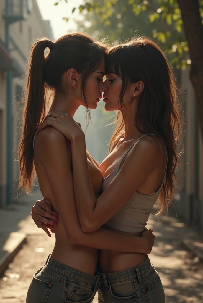 two 10 yo girls kissing and hugging, orphan, black bandana on head, flat chest,cinematographic, barely naked, topless,full body view,open legs