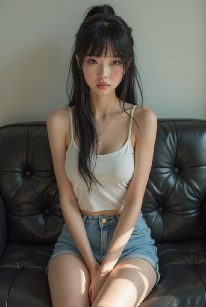 Asian Girl posing for photo wearing white t-shirt and navy underwear, shirt pulled up above boobs, small boobs, cleavage, midriff, naval, NSFW, knee-high white socks, sitting, (Bent knees and legs open), in gymnasium, slim body, smaller bust, long black hair with bangs, thighs, slim girl model, 20 year old female model, super high quality, 4k, high-res, masterpiece, best quality, ((Hasselblad photography)),