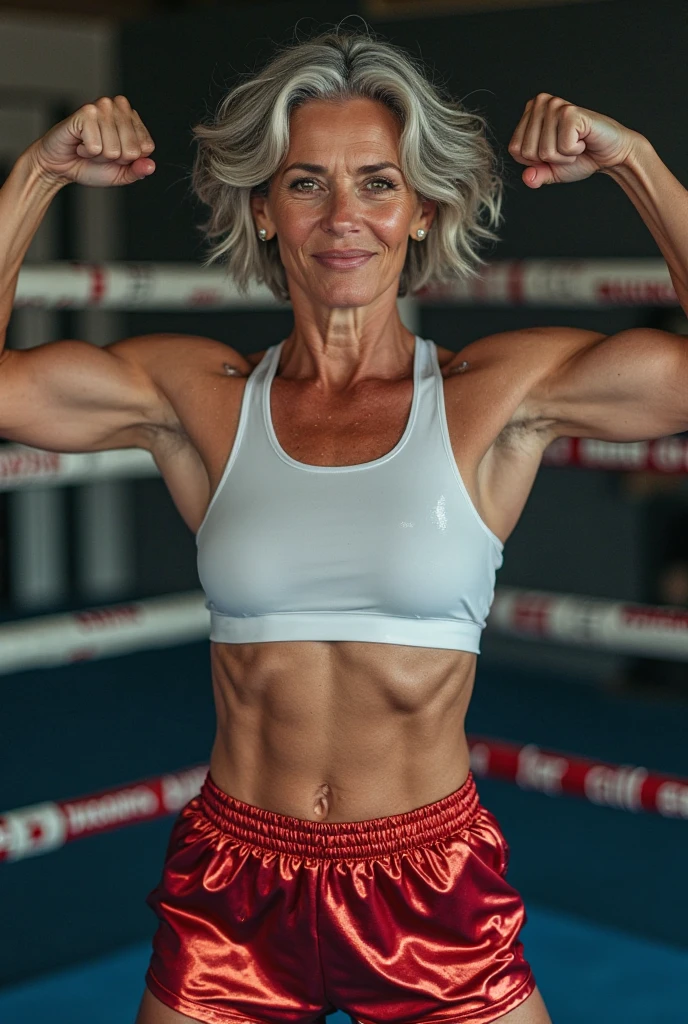 Masterpiece, 50 year old woman, wearing gold sports bra, red short shorts, gray hair, sweaty, strong, boxing, realistic