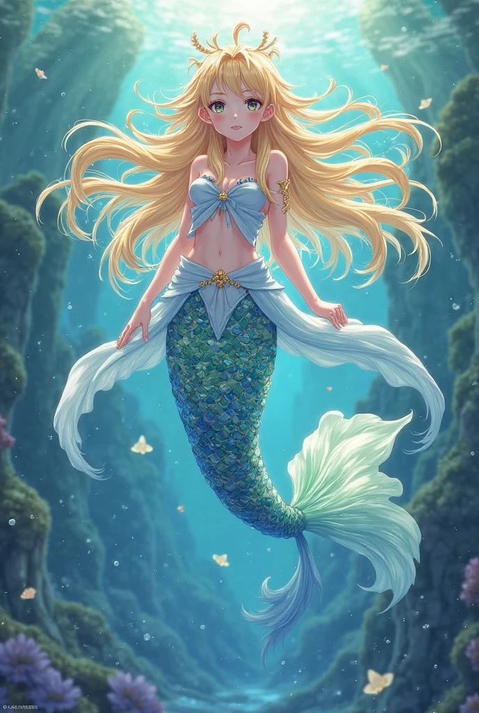create an image of a mermaid and seahorse unicorns in a coral reef inspired by Frozen. The colors are mostly blue and aqua, creating a calm and magical mood. The image is meant to decorate a child's bedroom and spark their imagination. --auto --s2