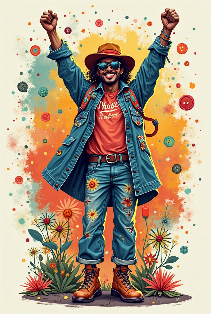 Generate tie dye kit packaging with a man wearing a hippie shirt and items such as a shirt, suspenders, and containers with liquid paint
