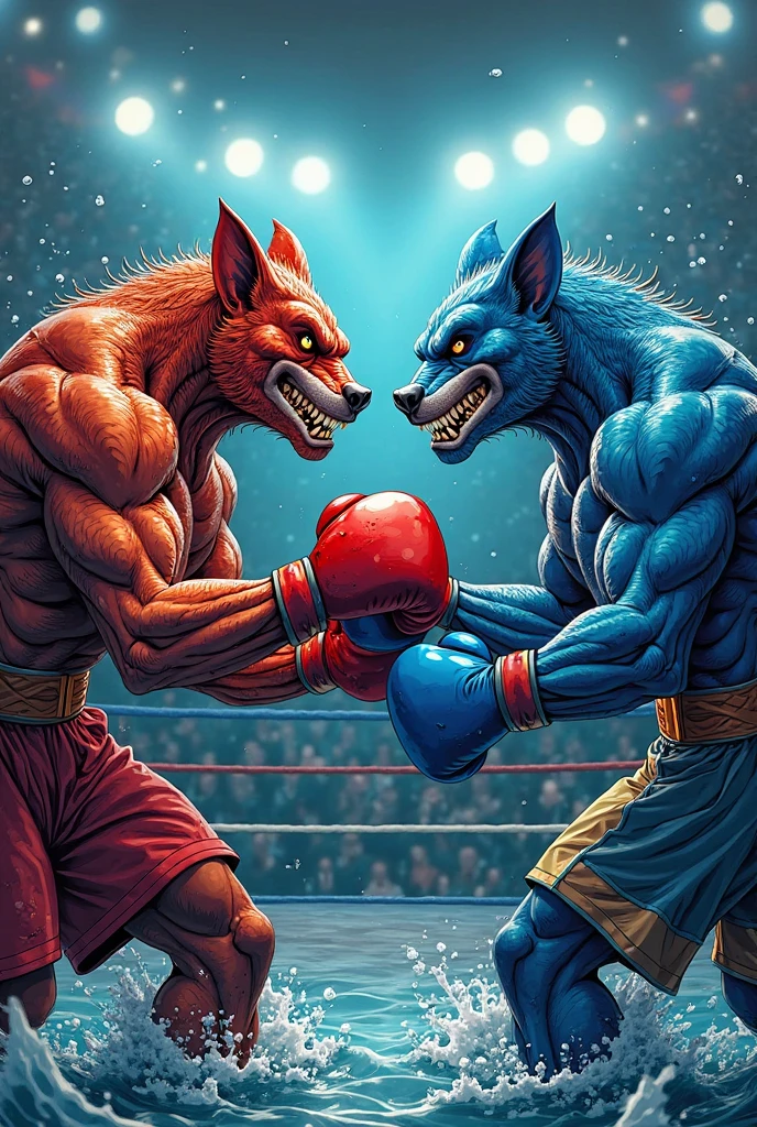 A muscular anthropomorphic wolf in a boxing stance delivers a powerful punch to a similarly muscular humanoid with a cat-like face, who is visibly injured and bleeding. Both characters are dressed in athletic shorts, and the scene is set in a boxing ring surrounded by an excited audience. Bright lights and vibrant colors enhance the dramatic atmosphere, highlighting the intensity of the fight.