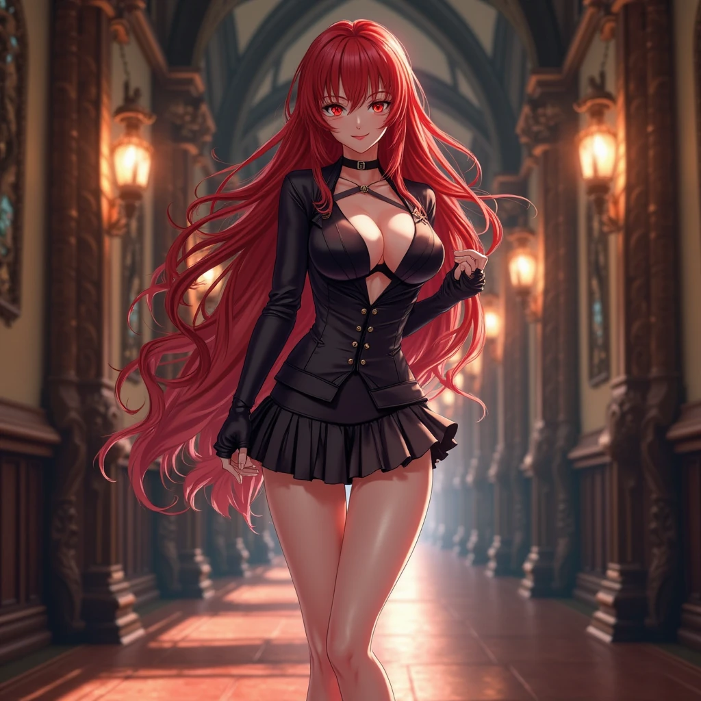 (masterpiece, best quality:1.4), solo focus, (full body:1.2), (large breasts:1.2), very long hair, (black thighhighs:1.3), (red hair:1.4), long dress, high heels, perfect anatomy, standing, t-55