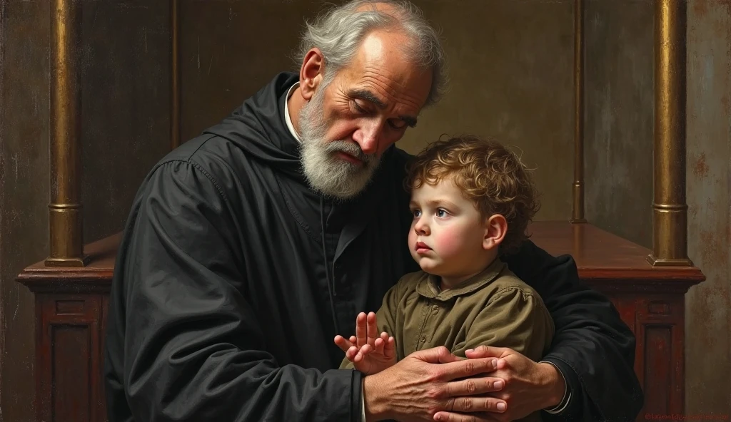 Create the character of Padre Pio hugging a 2 year old, no pissing style