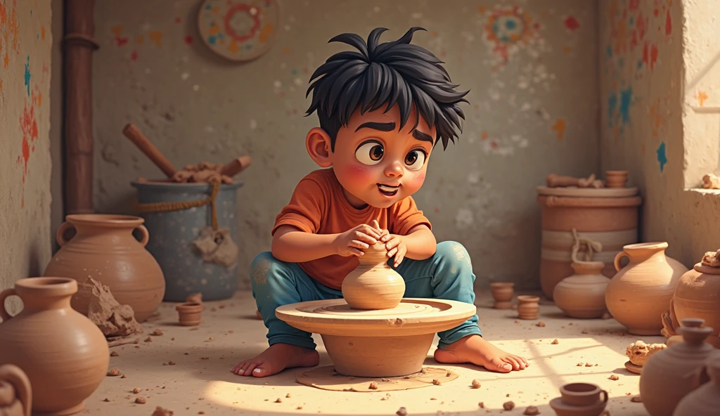 in cinemtice 2d cartoon style indian  boy Moha Making a Clay Ganesh Idol* CARTOON
   - Moha sits in the yard, carefully crafting a small clay Ganesh idol. His face shows determination and devotion as he works with the clay. Simple surroundings with a few trees and a peaceful atmosphere.