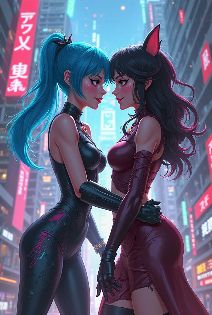 (beautiful arab identical twins in middle of composition:1.5),(black long hair:1.5), detailed and intricate, featuring high-tech, art by (((Syd Mead, Masamune Shirow))), (very enormous breast:1.7),(((aqua_eyes:1.3))) ,intricate eyes,beautiful detailed eyes,symmetrical eyes,
shiny latex is black,latex stockings,revealing clothing,show skin,(((lustrous skin:1.5,bright skin: 1.5,skin tanned,shiny skin,very shiny skin,shiny body,plastic glitter skin,exaggerated shiny skin,illuminated skin,wet legs))), shiny lips, very big ass,inflated legs,(symmetrical detailed face:1.7),toned, sexy, nsfw,
(centered,scale to fit dimensions,Rule of thirds),
cyberpunk city by the ocean at night, with bright neon signs and dark stormy clouds and puddles, scenery:1.25,
artistic photography,(photography taken by sldr),highres, sharp focus, (ultra detailed, extremely detailed), (photorealistic artwork:1.37),(extremely detailed CG unity 8k wallpaper),((synthwave background theme)),(((vibrant colors))),(intricate background),(masterpiece),(best quality),