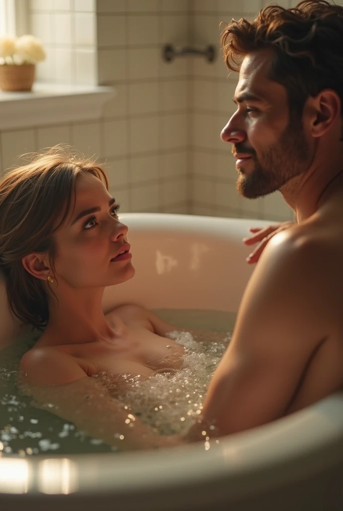 The man in his 45s with black very short hair and smooth face with moustache. The woman in her 45s with brown wavy long hair. The man and the woman in the shower cabin. They are wet. They hug each other and look at each other with love. Romantic. Passionate. Dark and dim environment. UHD. HDR. Cinematic.