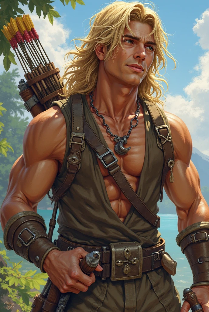 (((Solo focus.))) (((Single character image.))) (((Looks like a great fantasy adventurer.))), ((large bulge)), bulgeJ8, (((Long blond hair. in a topknot))) (((Dressed in medieval fantasy attire.))) (((Handsome and young.))) (((Looks like beefcake male fantasy character.))) (((Dressed in medieval fantasy attire.))) (((Ideal male physique.))) (((Bare chest, tattoos, perfect abs.)))  (((Swashbuckler fashion.)))  Looks like a fun-loving and heroic male adventurer for Dungeons & Dragons. Looks like a very attractive male adventurer for a high fantasy setting. Looks like a handsome and rugged male adventurer for Dungeons & Dragons. Looks like a handsome male for a medieval fantasy setting. Looks like a Dungeons & Dragons adventurer, very cool and masculine hair style, black clothing, handsome, adventurer, athletic build, excellent physique, confident, gorgeous face, gorgeous body, detailed and intricate, fantasy setting,fantasy art, dungeons & dragons, fantasy adventurer, fantasy NPC, attractive male in his mid 20's, ultra detailed, epic masterpiece, ultra detailed, intricate details, digital art, unreal engine, 8k, ultra HD, centered image award winning, fantasy art concept, digital art, centered image, flirty,ure:1.4, picture-perfect:1.0,8k, HQ,best quality:1.0,