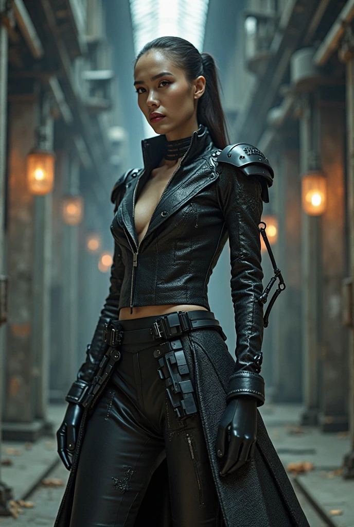 A female Chiss with blue skin, black hair, and red eyes, wearing a black jumpsuit, tool belt, in a full body pose, standing next to a window in the hallway of a spaceship, (best quality,4k,8k,highres,masterpiece:1.2),ultra-detailed,(realistic,photorealistic,photo-realistic:1.37),detailed cyberpunk character, hyper realistic, highly detailed face, intricate details, dramatic lighting, sci-fi, cinematic, moody atmosphere, cinematic lighting, dramatic lighting, vibrant colors, depth of field