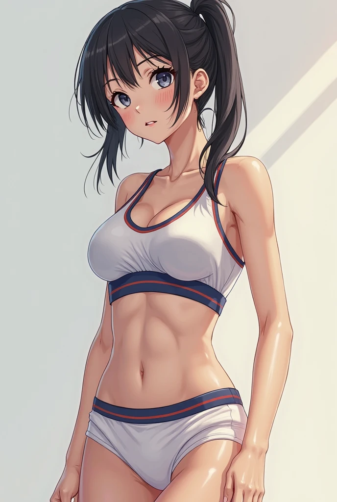 (masterpiece, best quality:1.2), expressive eyes, perfect face, highres, 1girl, solo, (female:1.5), issei_hyoudou, long hair, brown eyes, sport bra, sport pants, ponytail, midriff, blushing, nervous, standing, cowboy shot, looking at viewer