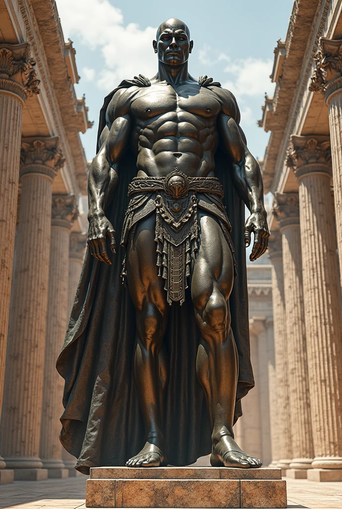 Create an artwork of a muscular Greek statue with an expression of anger and in a dynamic pose. The statue should exude a sense of power and intensity, capturing the moment of fury frozen in stone. This artwork is intended to convey the raw emotion of the Greek deity or hero depicted in the sculpture, evoking a striking and captivating presence