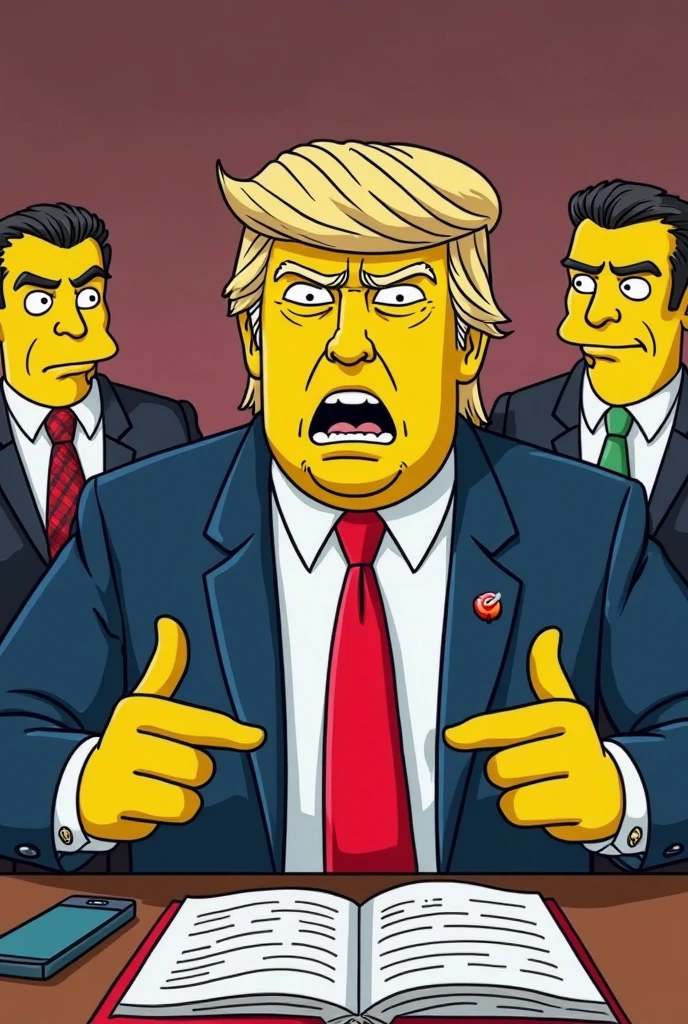 Vladimir Putin, Donald Trump and Chinese president Xi on apocalyptic background with nuclear weapons, bomb, Simpsons style, epic, yellow skin, 8k, 16x9