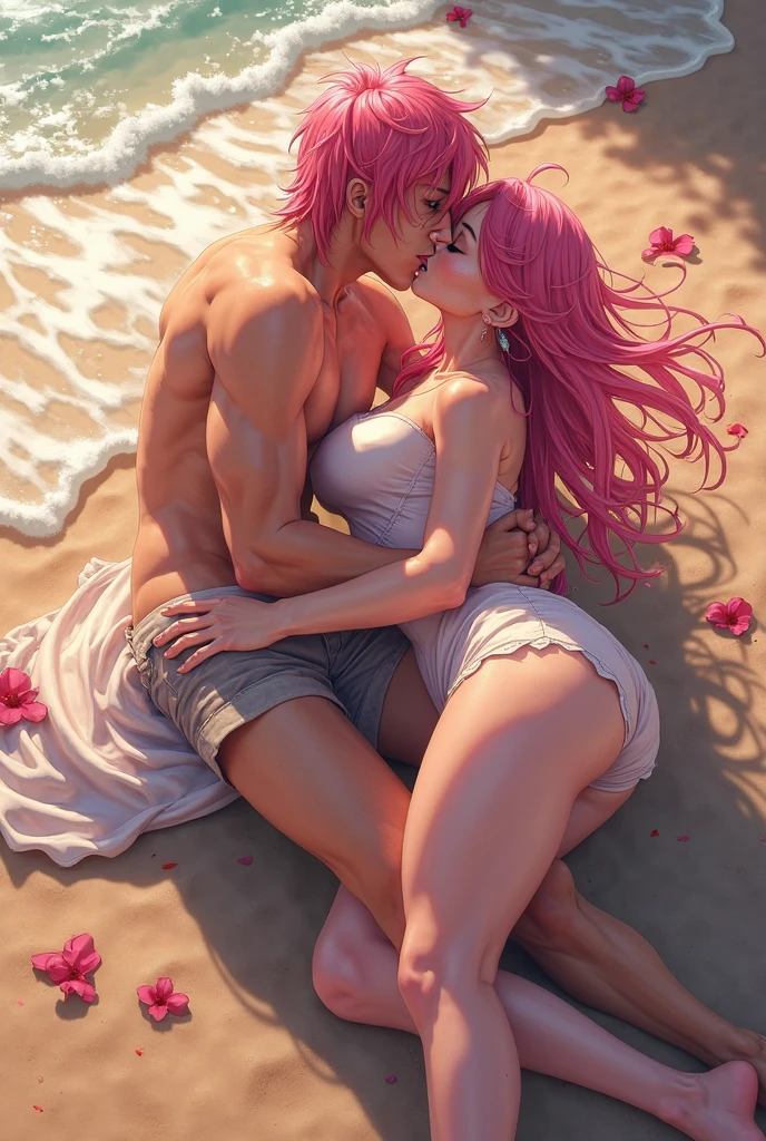complex, render, ultra detailed, rim light, vibrant details, beautiful background, 8k, best quality, masterpiece, illustration, (realistic, photo-realistic:1.1) <lora:POSE-StraddlingKiss:0.5>, french kiss, tongue kiss, 1boy, 1girl, boy, girl, breasts, medium breasts french kiss, saliva, closed eyes, kiss, sideboob, ocean, (sunset:1.3), cinematic lighting, perfect lighting, waves, beach, nude, naked, multicolored hair, very long hair, (red sky:1.2), wet, sweat, face, moles, gravity,