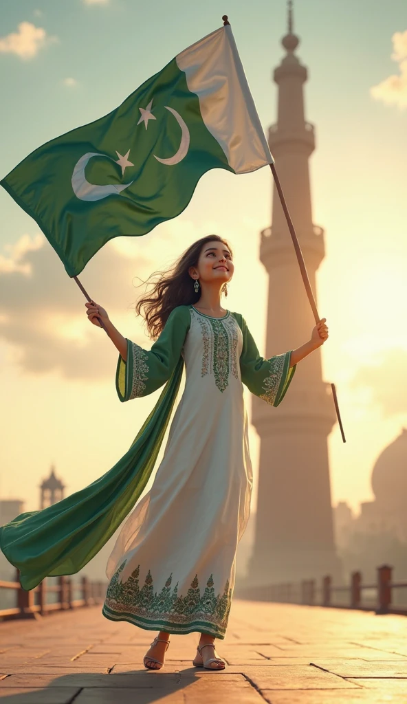 Creat a picture of a pakistani girl which is in whote kurta pajama and green dupatta, she has a pakitan flag in her hands and make sure the background is beautiful a pure pakistani background.. picture took from the back her hairs should be dark brown with little touch of streaking in her hairs