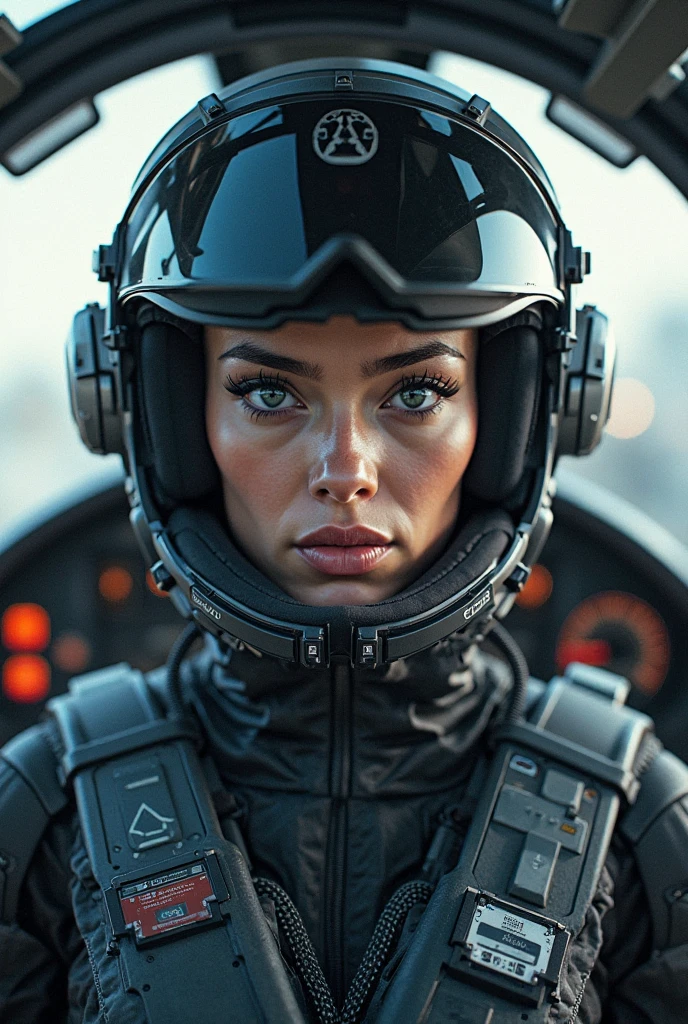 
Aishwarya Rai wearing a fighter pilot suit, a fighter helmet and oxygen mask, sitting in cockpit of a fighter plane