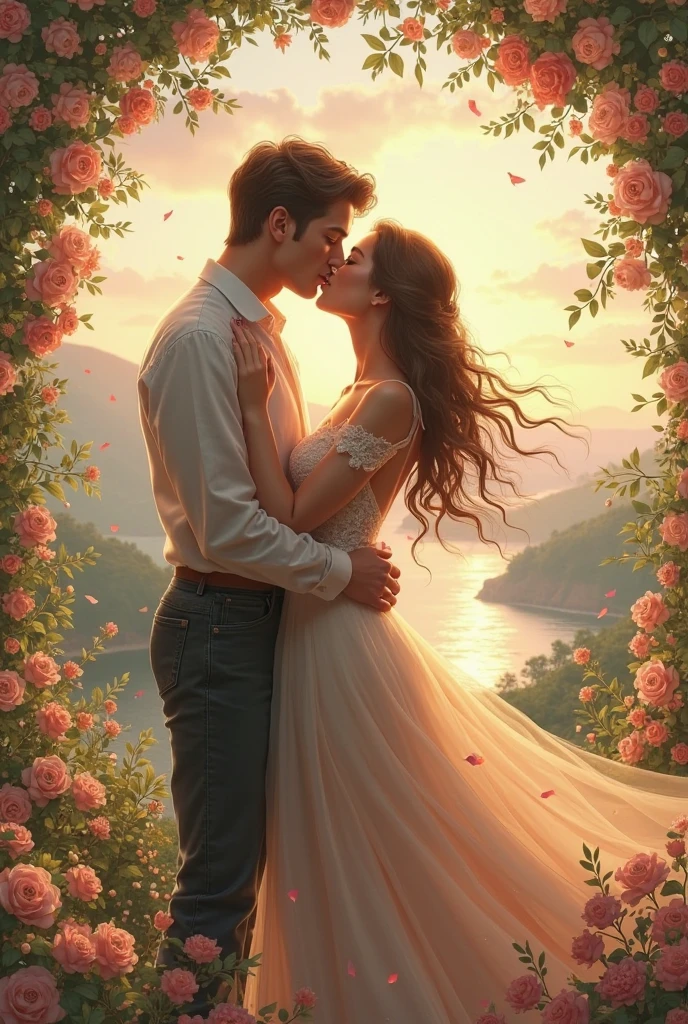 25 YEAR OLD MAN AND PREGNANT WIFE, FAMILY, LOVE, ROMANCE, ROMANTIC, FLOWERS, NIGHTTIME, MOONLIGHT, NATURE, ROSES, NATURE, 8K, detailed matte painting, deep color, fantastical, intricate detail, splash screen, complementary colors, fantasy concept art, 8k resolution trending on Artstation Unreal Engine 5", GOLDEN HAIR, CAUCASIAN, BLUE EYES, Italy