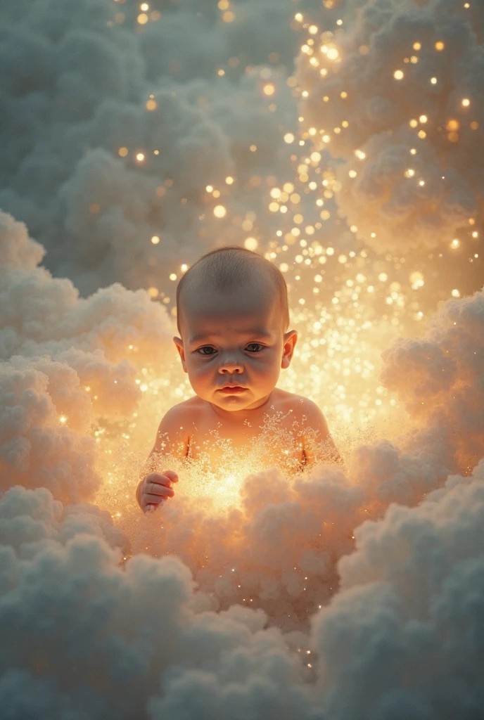 A baby among the stars, bright light marking its fingers towards the ein sof
