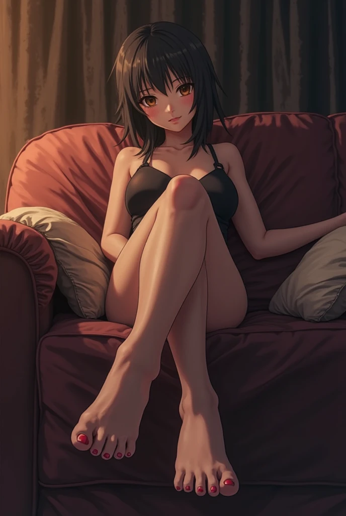 ((full body)), ((full pose)), ((medium breasts)), ((wide smile:1.4)), ((sitting on sofa:1.4)), ((forest background:1.4)), ((night:1.4)), megumi katou, brown hair, short hair, (yellow eyes:1.2), ((black heels:1.4)), ((black stockings:1.5)), ((black bikini:1.5)), ((crossed legs:1.4)), ((masterpiece:1.2), best quality, high resolution, unity 8k wallpaper, (illustration:0.8), (beautiful detailed eyes:1.6), ((extremely detailed face:1.5)), perfect lighting, extremely detailed CG, (perfect hands, perfect anatomy), ((armpits:1.5)), ((hands behind head:1.4)), ((sky from below:1.4))